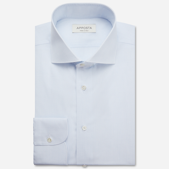 camisa 100% algodón popelina giza 87  cuadros pequeños  azul claro, cuello estilo  francés de puntas cortas