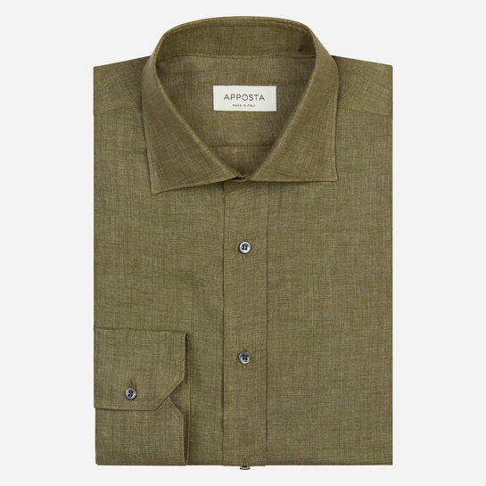 shirt linen plain normandy linen  solid  green, collar style  semi-spread collar