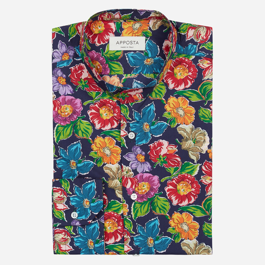 Multi-Colour Band Collar Cotton Poplin Flower Design Shirt