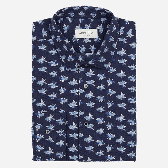 camicia 100% puro cotone seersucker  disegni a fiori  blu, collo stile  italiano aggiornato