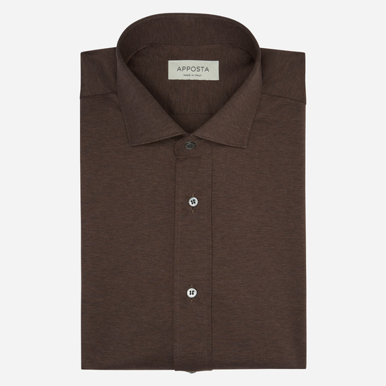 camicia 100% puro cotone jersey doppio ritorto  tinta unita  marrone, collo stile  collo francese aggiornato a punte corte