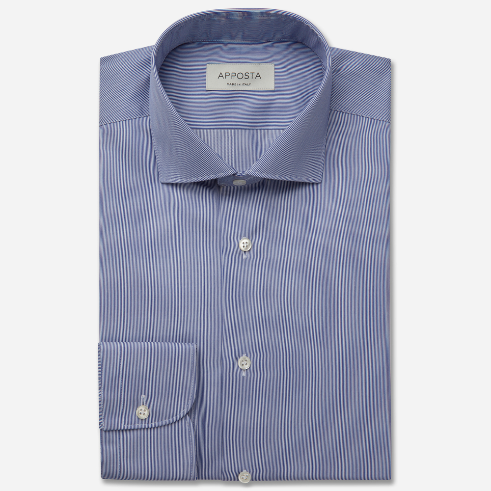 Shirt  hairline stripe  navy blue 100% wrinkle free cotton twill double twisted, collar style  lower spread collar