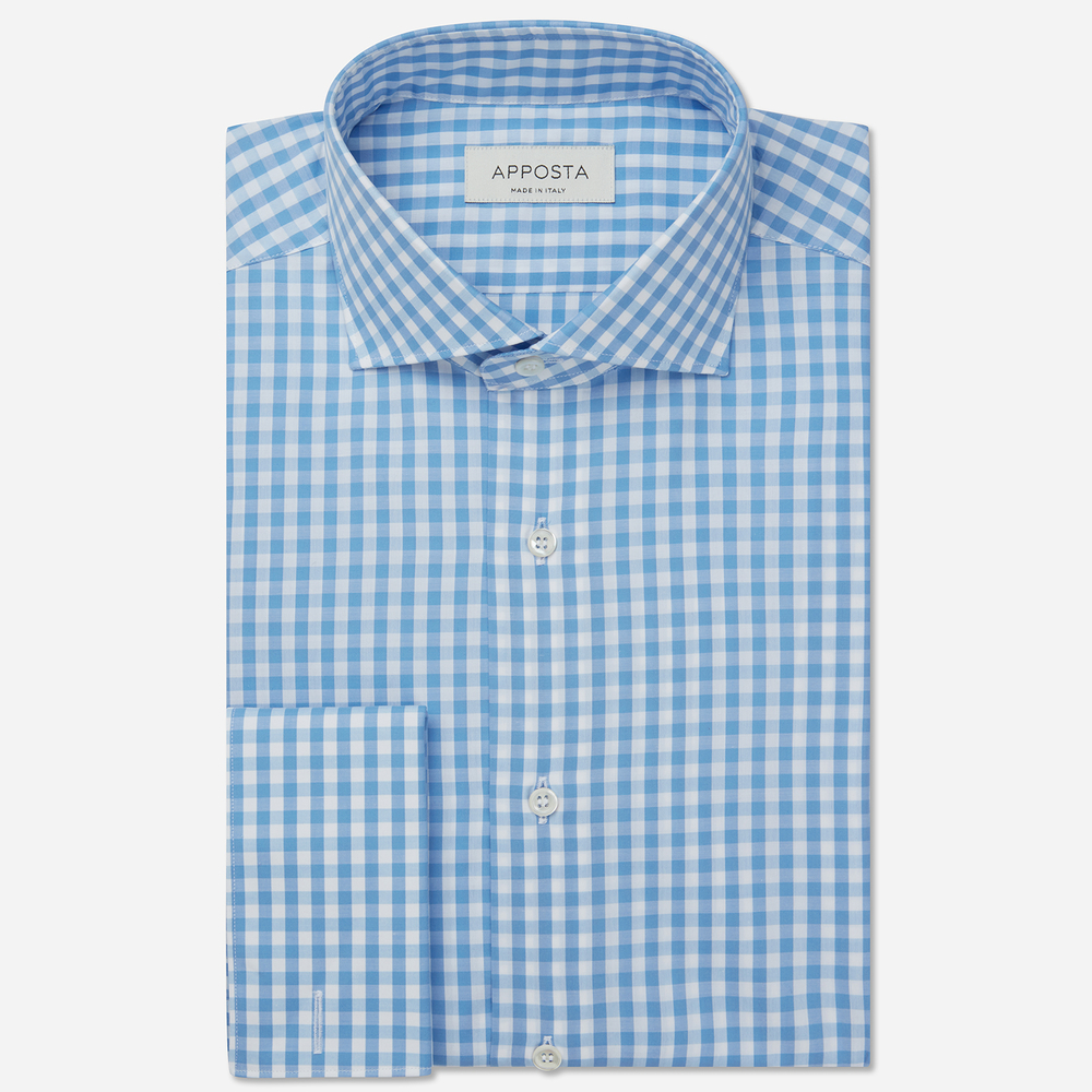 Shirt  gingham  light blue 100% pure cotton zephyr, collar style  semi-spread collar