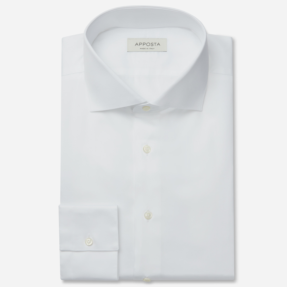 Shirt  solid  white stretch cotton twill, collar style  lower spread collar