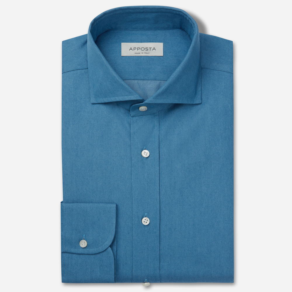 Image of Shirt solid light blue 100% pure cotton denim double twisted, collar style lower spread collar