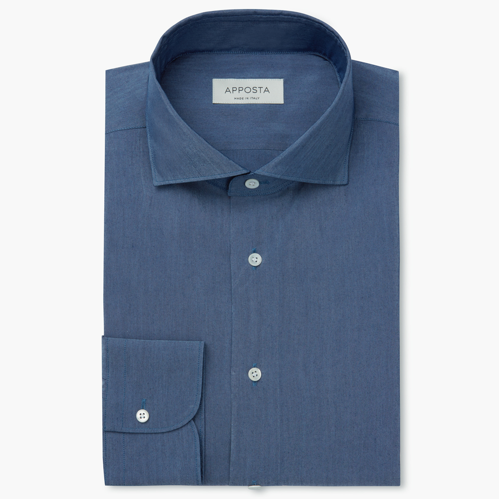 Shirt  solid  navy blue 100% pure cotton denim, collar style  lower spread collar