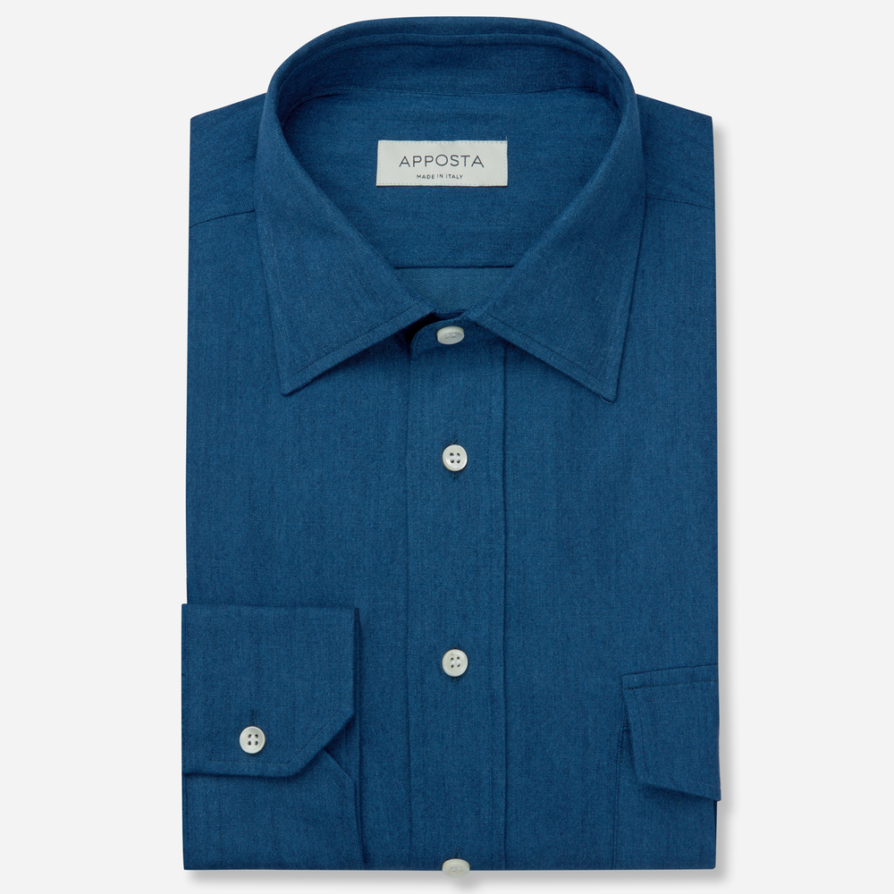 Shirt  solid  navy blue 100% pure cotton denim, collar style  low straight point collar