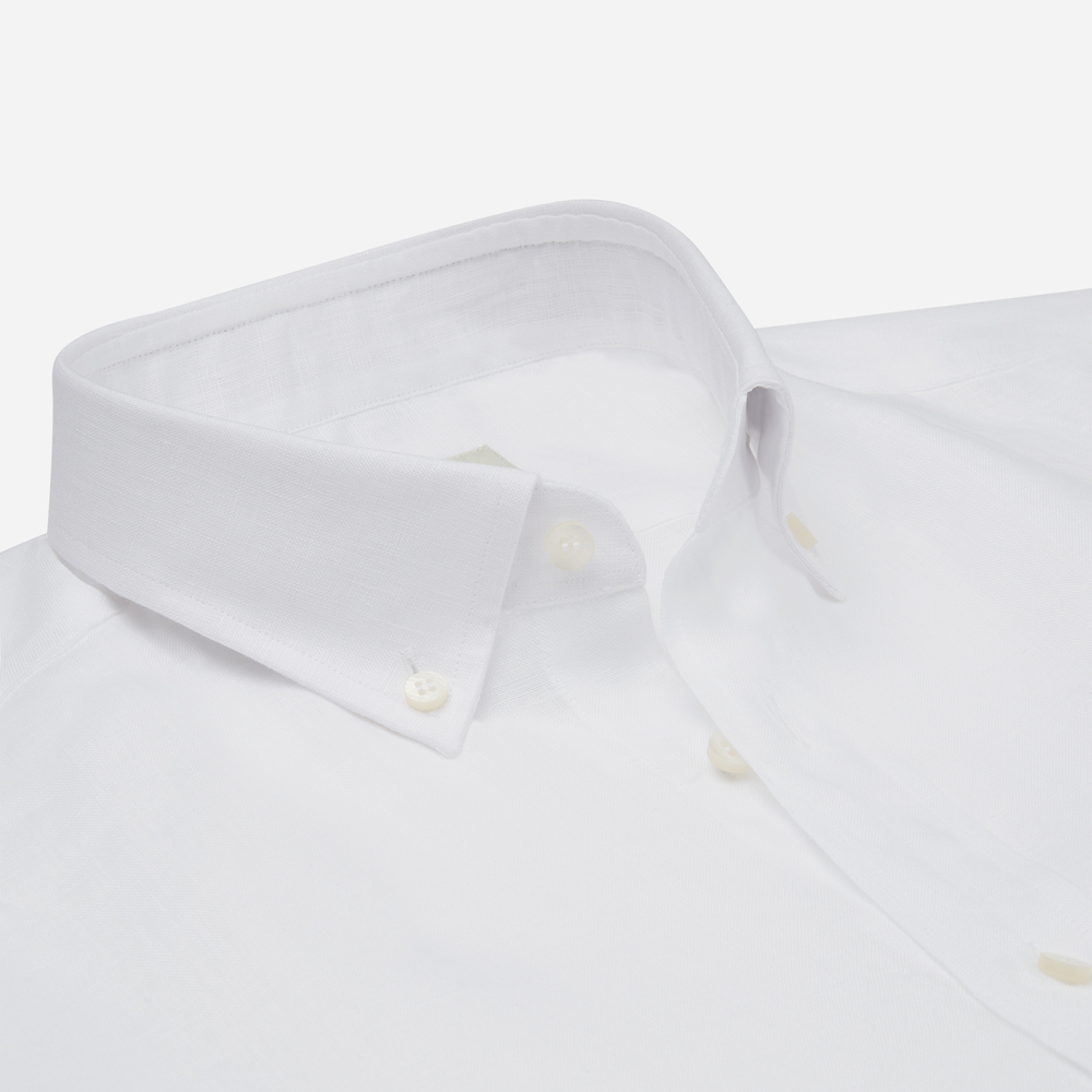 Shirt solid white linen plain, collar style small button-down collar Shirt solid white linen plain, collar style small button-down collar