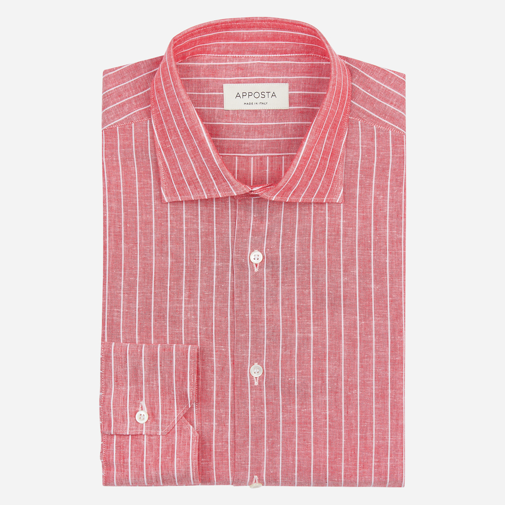 Shirt  stripes  red linen plain, collar style  semi-spread collar
