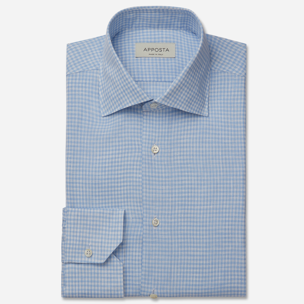 Image of Shirt small checks light blue linen plain normandy linen, collar style semi-spread collar