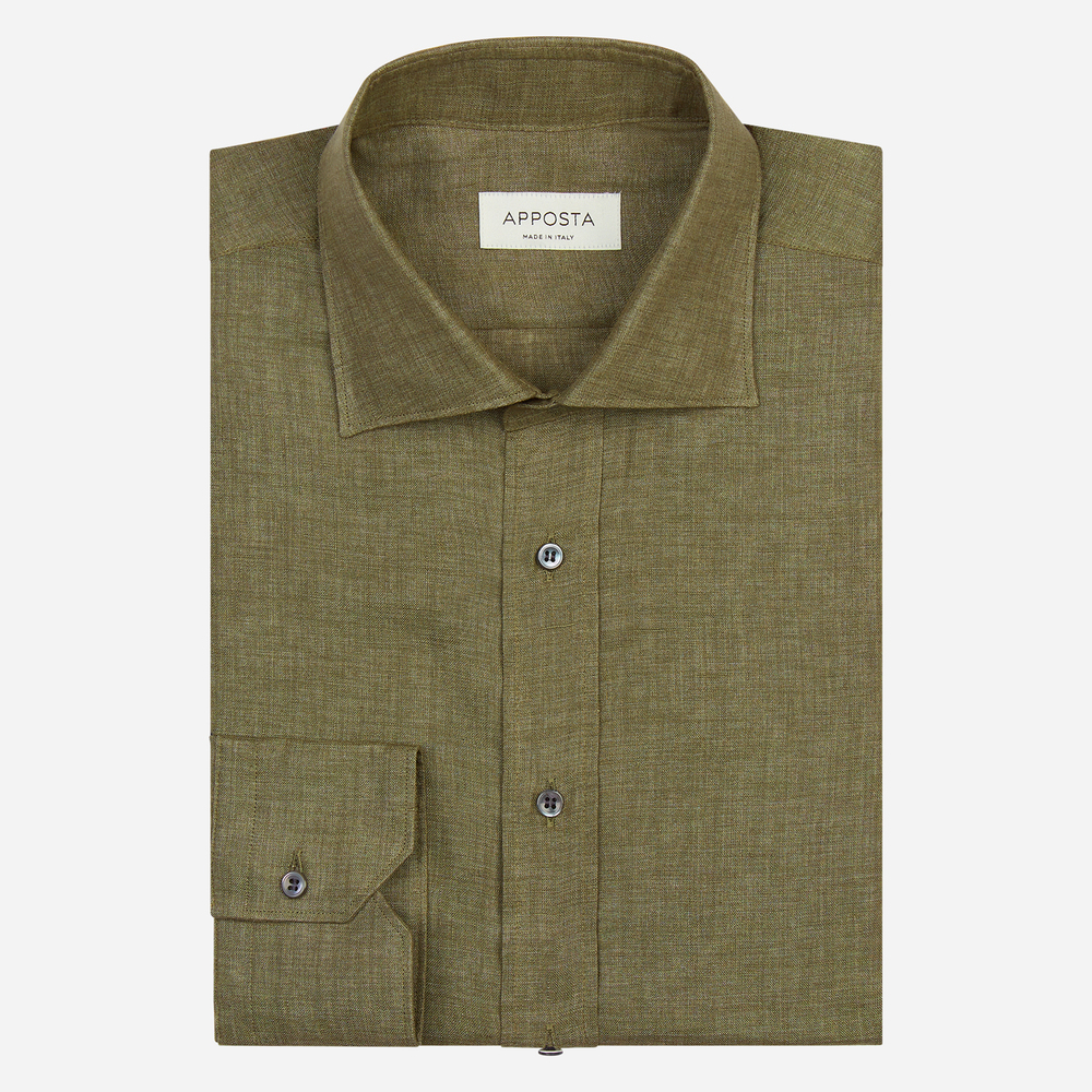 Shirt  solid  green linen plain normandy linen, collar style  semi-spread collar