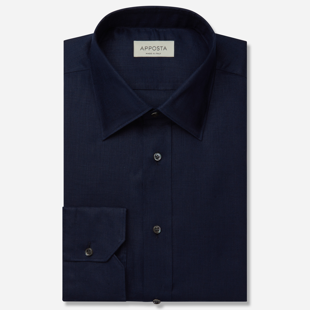 Shirt  solid  navy blue linen plain, collar style  low straight point collar