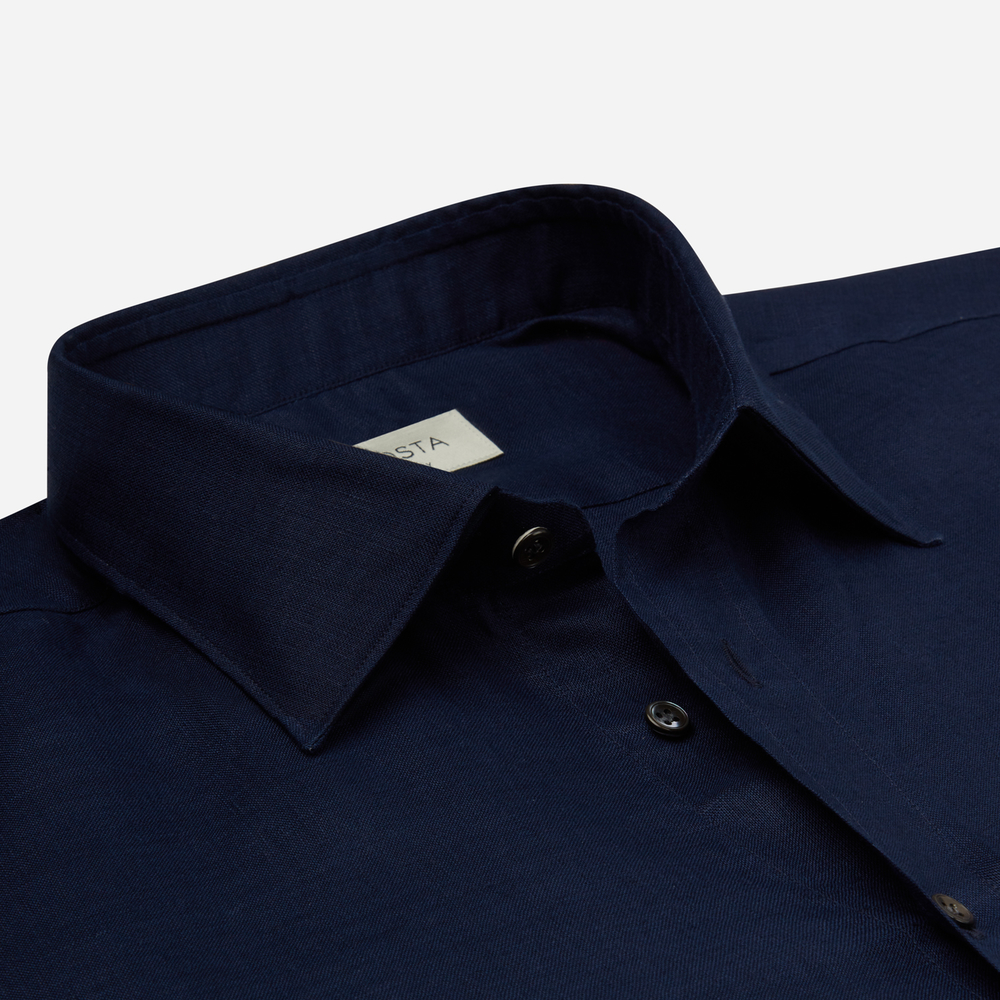 Shirt solid navy blue linen plain, collar style low straight point collar Shirt solid navy blue linen plain, collar style low straight point collar