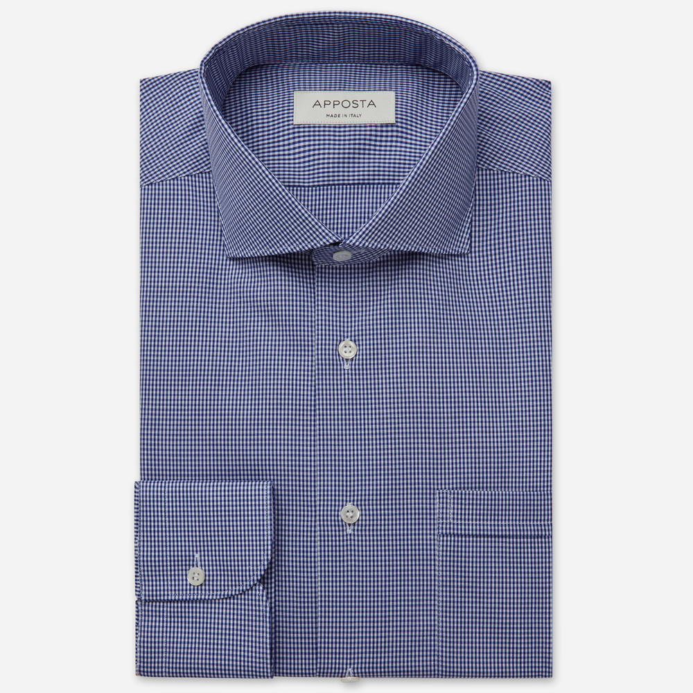 Shirt  small checks  navy blue 100% easy iron cotton poplin, collar style  lower spread collar
