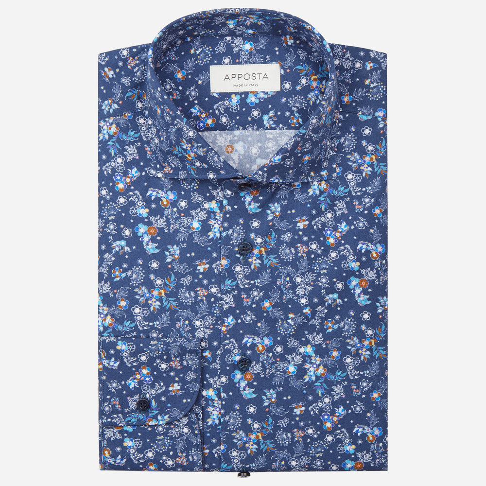Shirt  flowers designs  navy blue 100% pure cotton poplin, collar style  lower spread collar