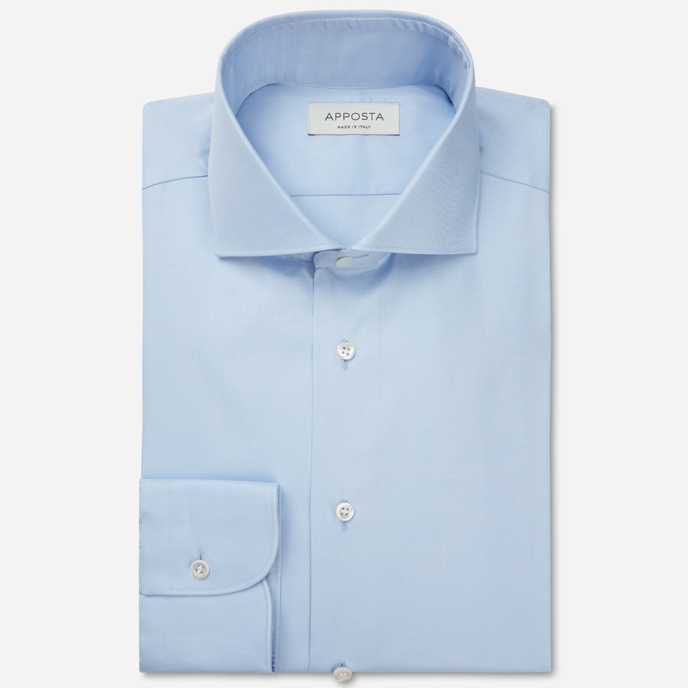 Shirt  solid  light blue stretch cotton twill, collar style  lower spread collar