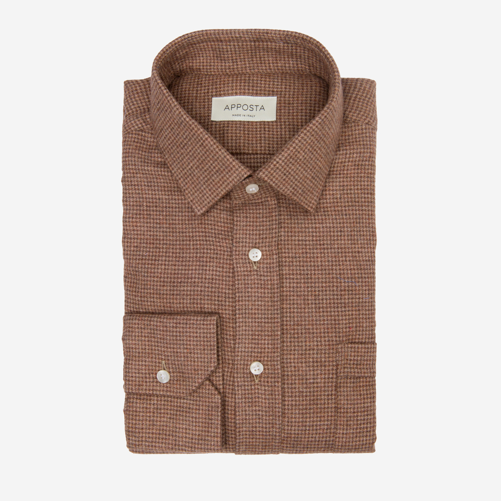 Camicia pied de poule marrone flanella twill doppio ritorto, collo stile italiano aggiornato