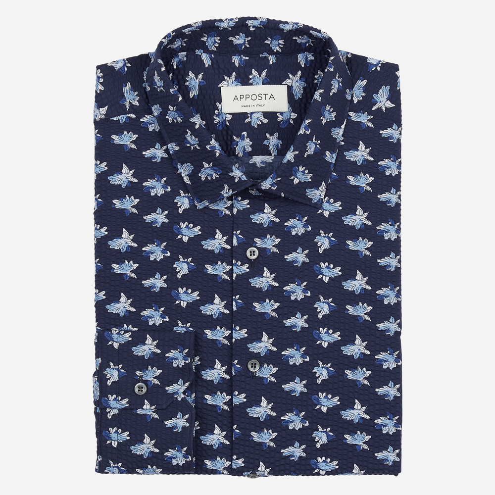 Shirt  flowers designs  navy blue 100% pure cotton seersucker, collar style  updated straight point collar