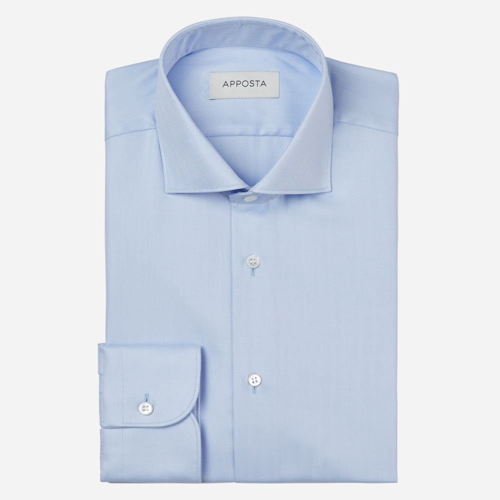 Image of Shirt solid light blue 100% cotton stain repellent herringbone double twisted oekotex, collar style updated spread collar with short points