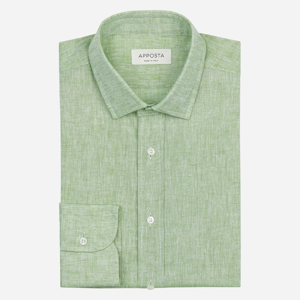 Shirt  solid  green cotton-linen plain, collar style  updated straight point collar