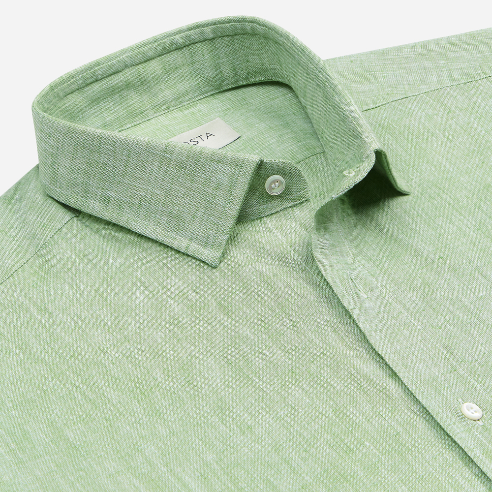 Shirt solid green cotton-linen plain, collar style updated straight point collar with short points Shirt solid green cotton-linen plain, collar style updated straight point collar with short points