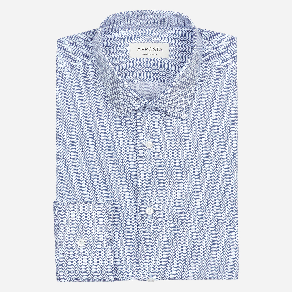 Camicia disegni a pois azzurro 100% puro cotone popeline, collo stile italiano aggiornato