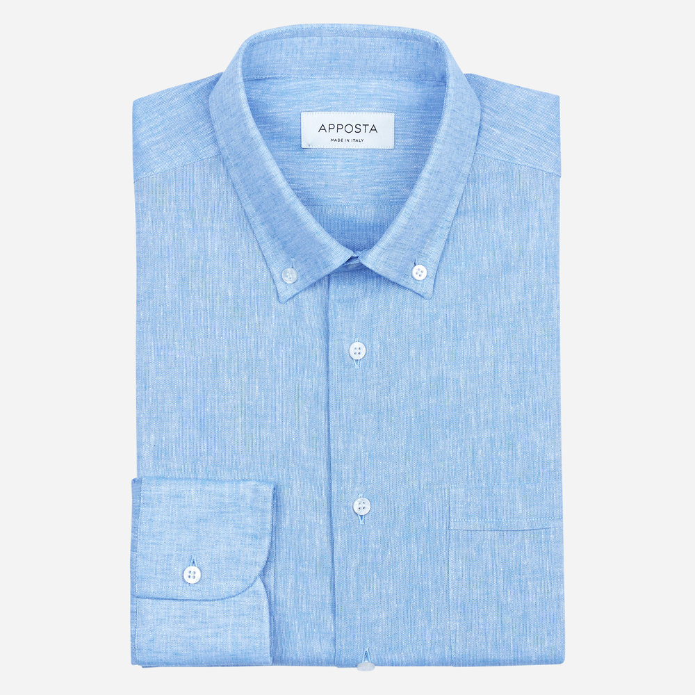 Camicia tinta unita azzurro cotone lino tela, collo stile button down basso