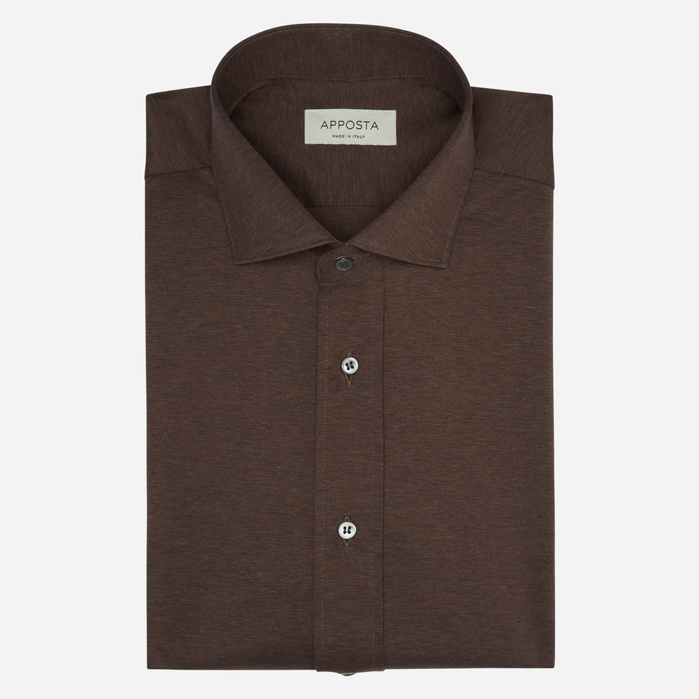 Camicia tinta unita marrone 100% puro cotone jersey doppio ritorto, collo stile collo francese aggiornato a punte corte product