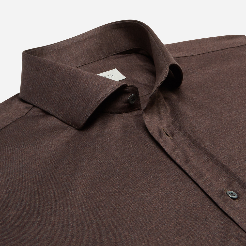Shirt solid brown cotton jersey double twisted, collar style updated spread collar with short points Shirt solid brown cotton jersey double twisted, collar style updated spread collar with short points