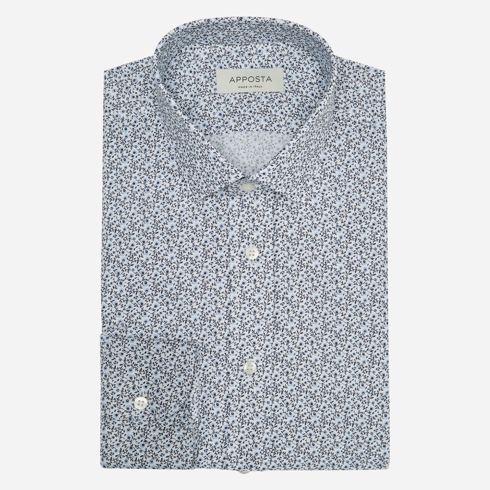 Camicia disegni a fiori blu giro inglese doppio ritorto, collo stile italiano aggiornato