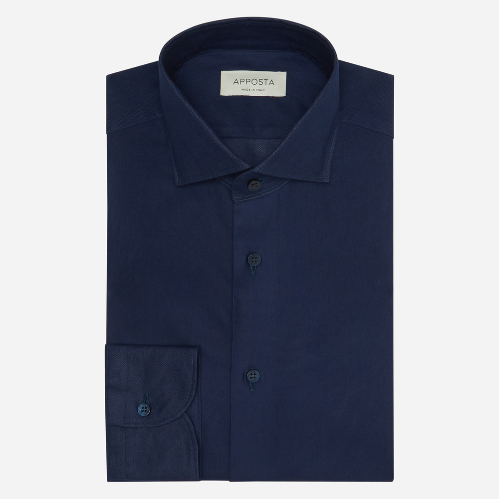 Shirt  solid  navy blue 100% pure cotton mock leno double twisted, collar style  lower spread collar