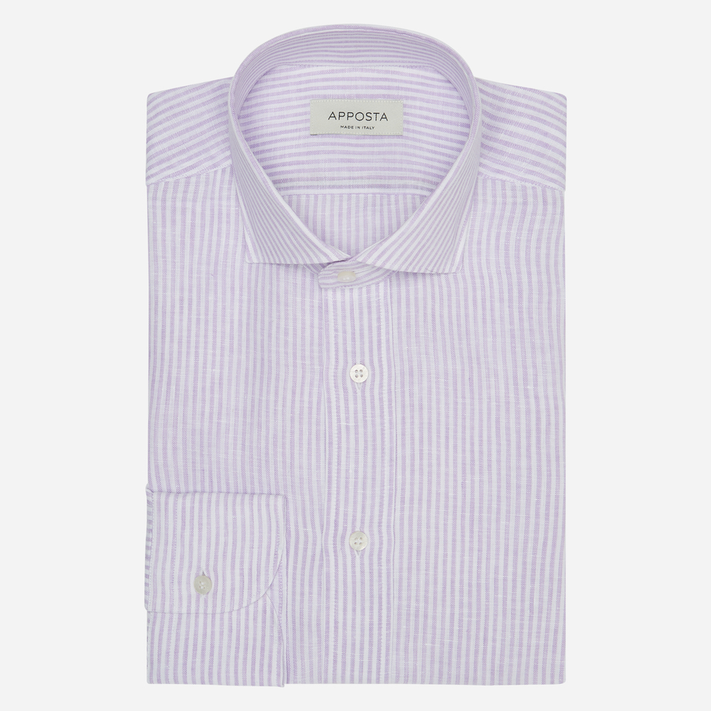 Camicia righe viola lino tela, collo stile collo francese aggiornato a punte corte product