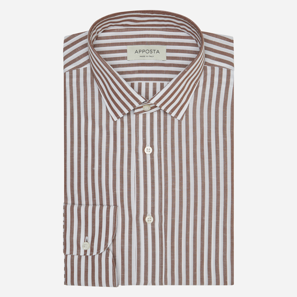 Camicia righe marrone cotone lino tela, collo stile italiano aggiornato