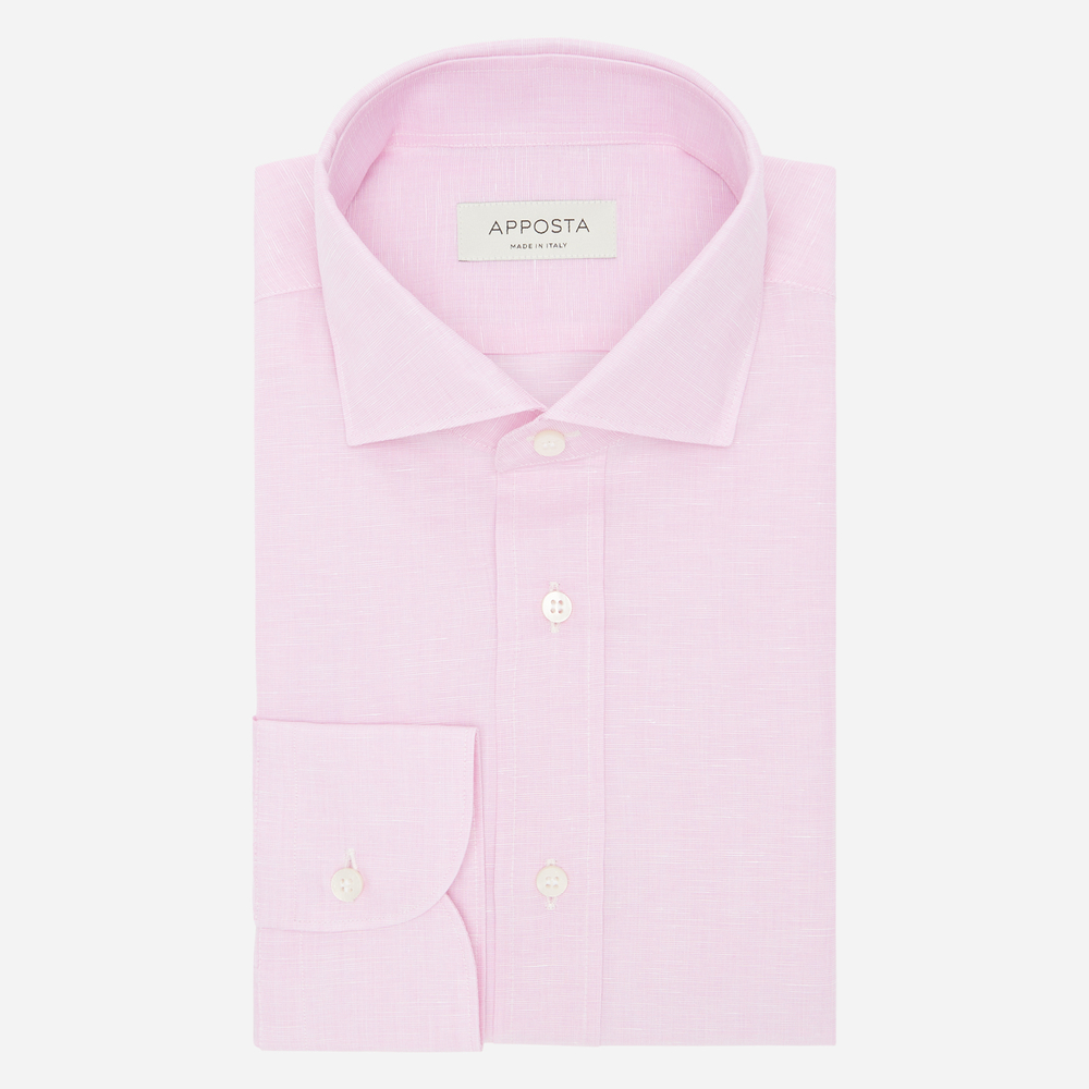 Image of Shirt solid pink cotton-linen poplin normandy linen, collar style updated spread collar with short points