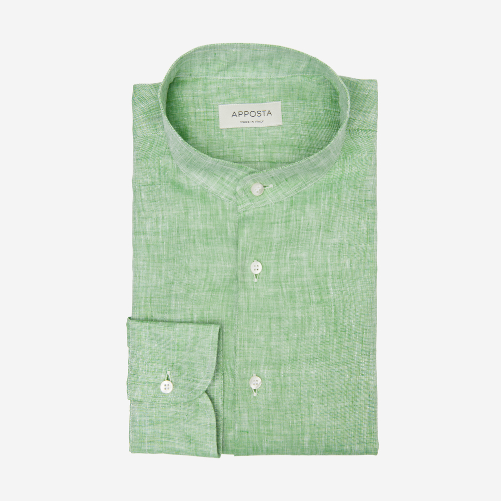 Shirt  solid  green linen zephyr italian linens, collar style  band collar