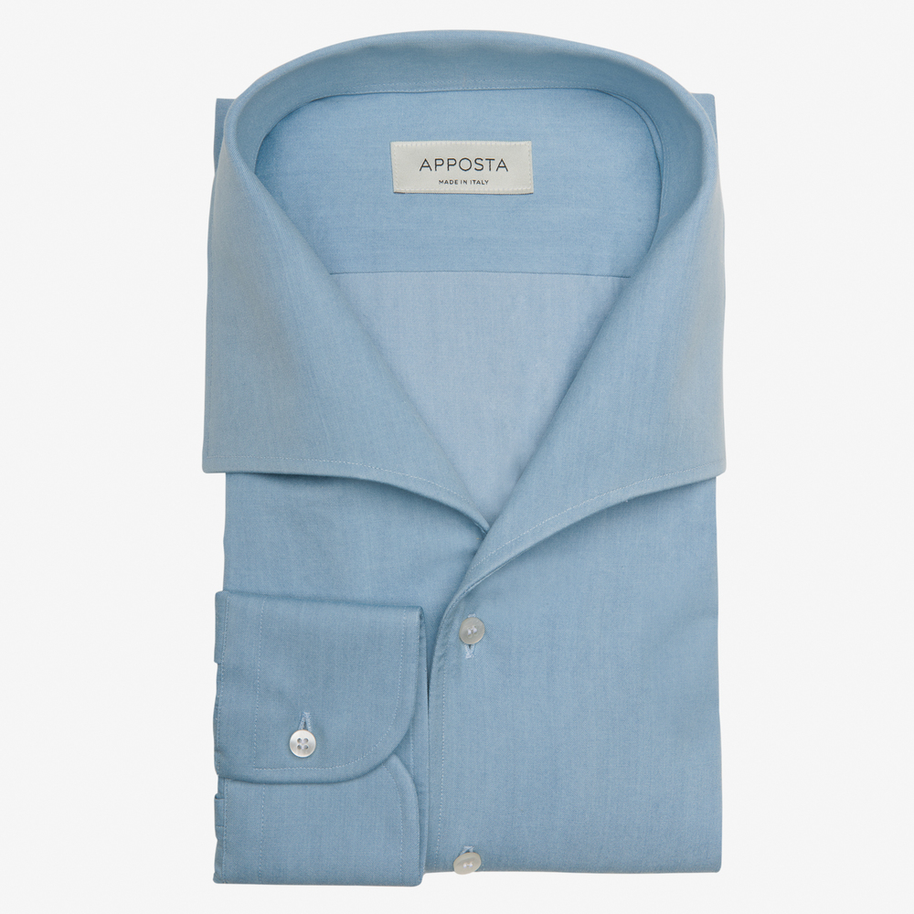 Shirt  solid  light blue 100% pure cotton denim double twisted, collar style  one piece collar