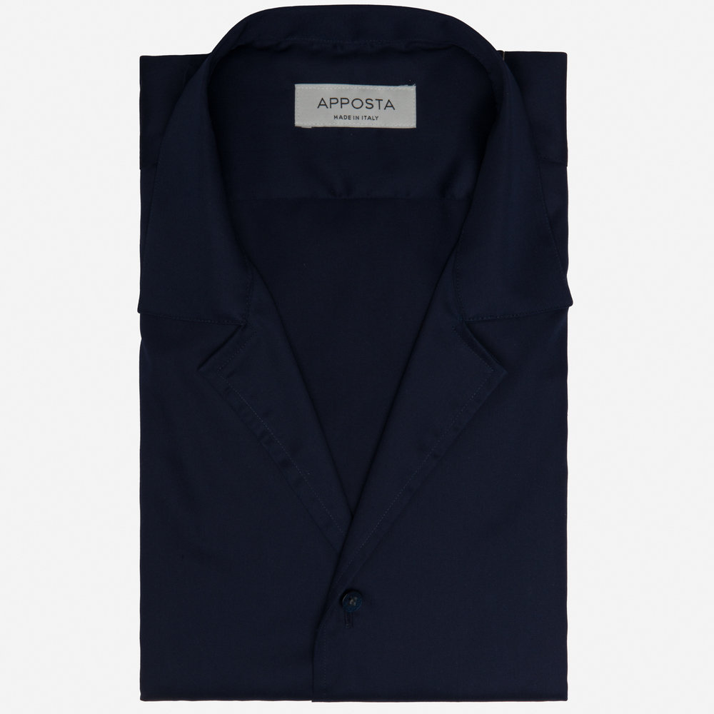 Shirt  solid  navy blue stretch poplin, collar style  camp collar