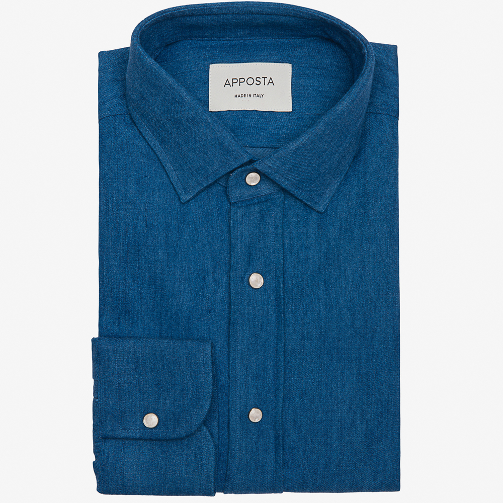 Camicia tinta unita blu 100% puro cotone denim, collo stile italiano aggiornato