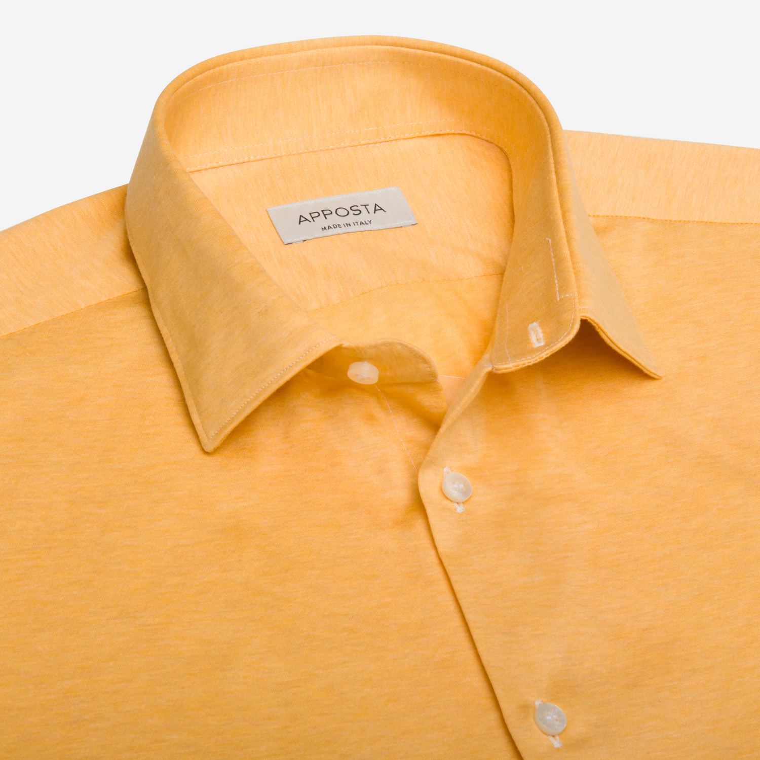 Shirt solid yellow cotton jersey double twisted, collar style updated straight point collar with short points Shirt solid yellow cotton jersey double twisted, collar style updated straight point collar with short points
