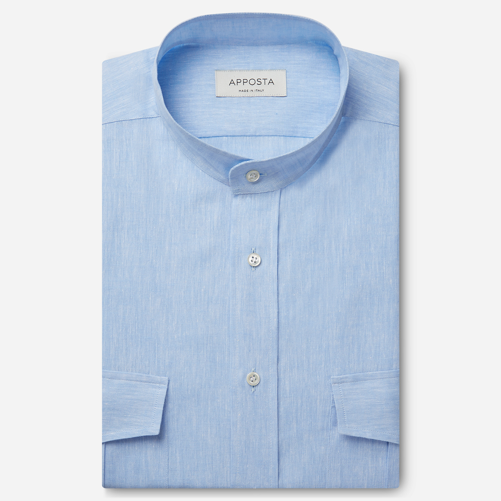 Shirt  solid  light blue linen plain, collar style  band collar